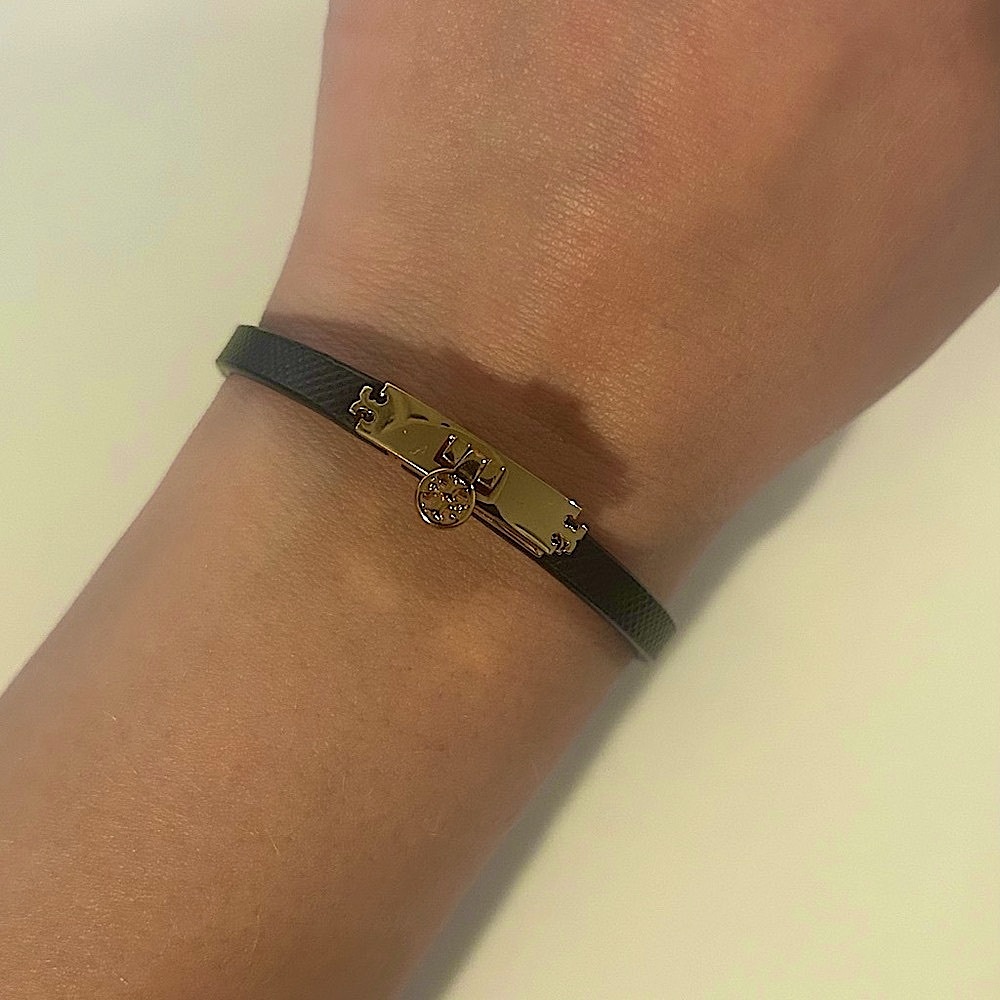 Tory Burch Leather Turn Lock Bracelet Black and Gold